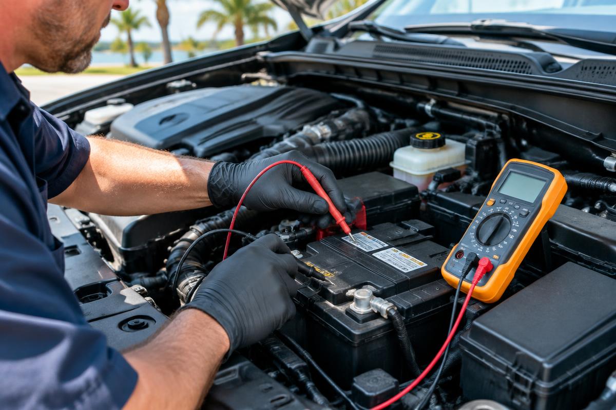 Mobile technician testing a vehicle battery and charging system