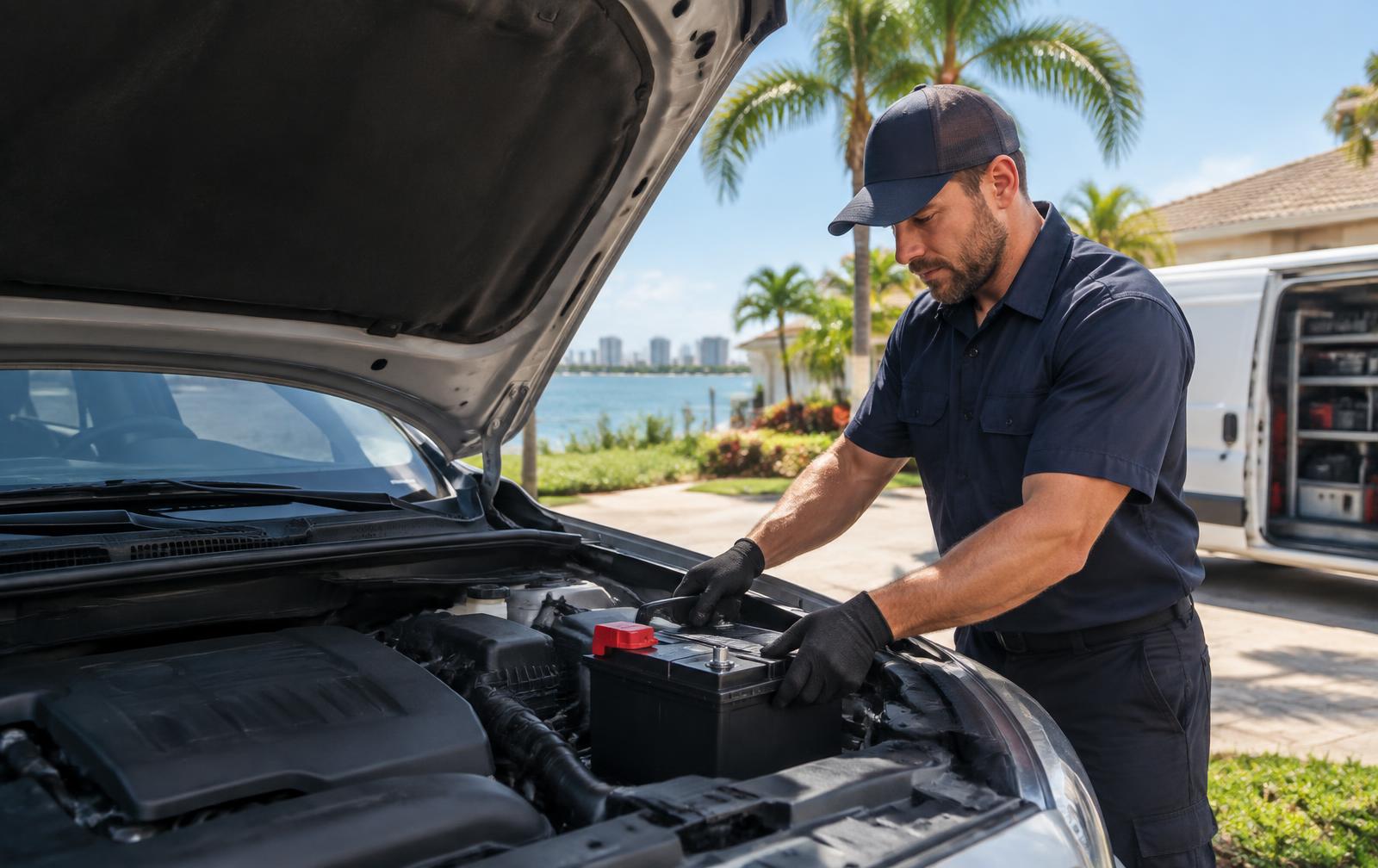Mobile battery technician installing a car battery in Tampa Bay